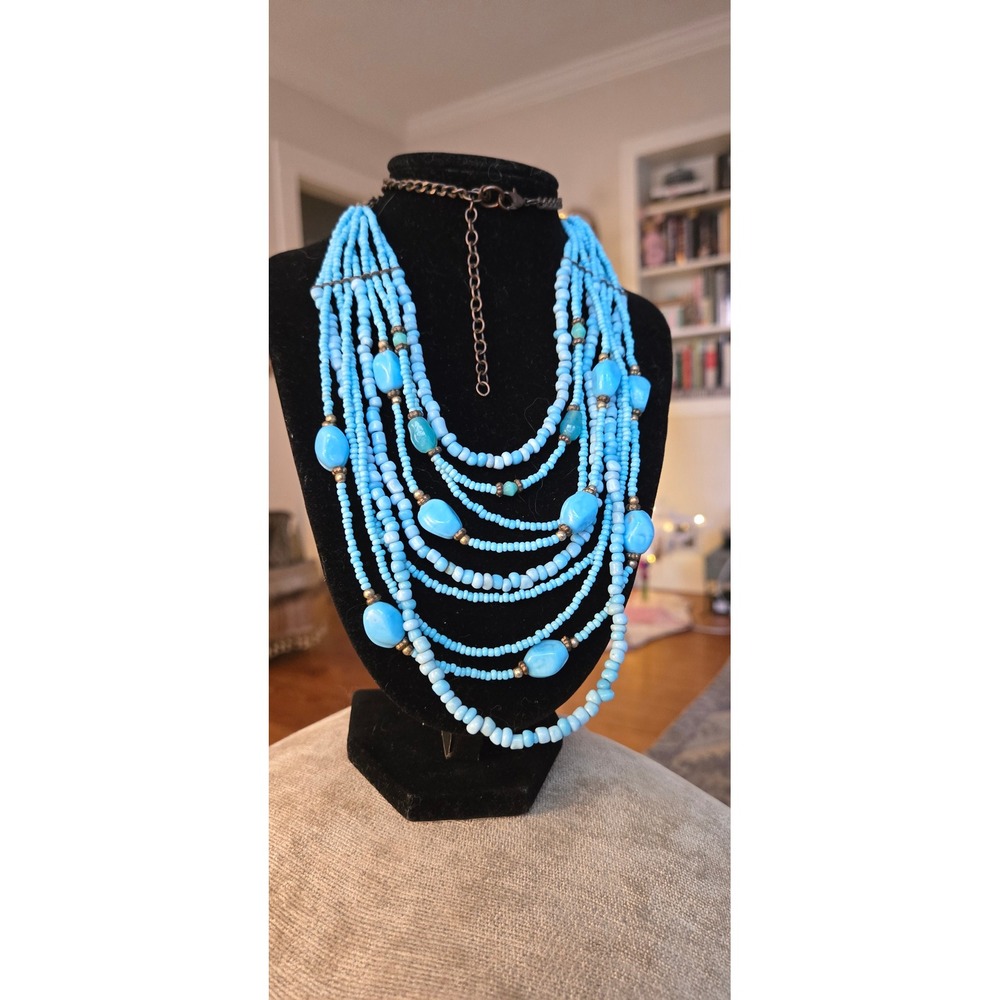 Chunky Multi Strand Turquoise Blue Beaded Statement Necklace Vintage